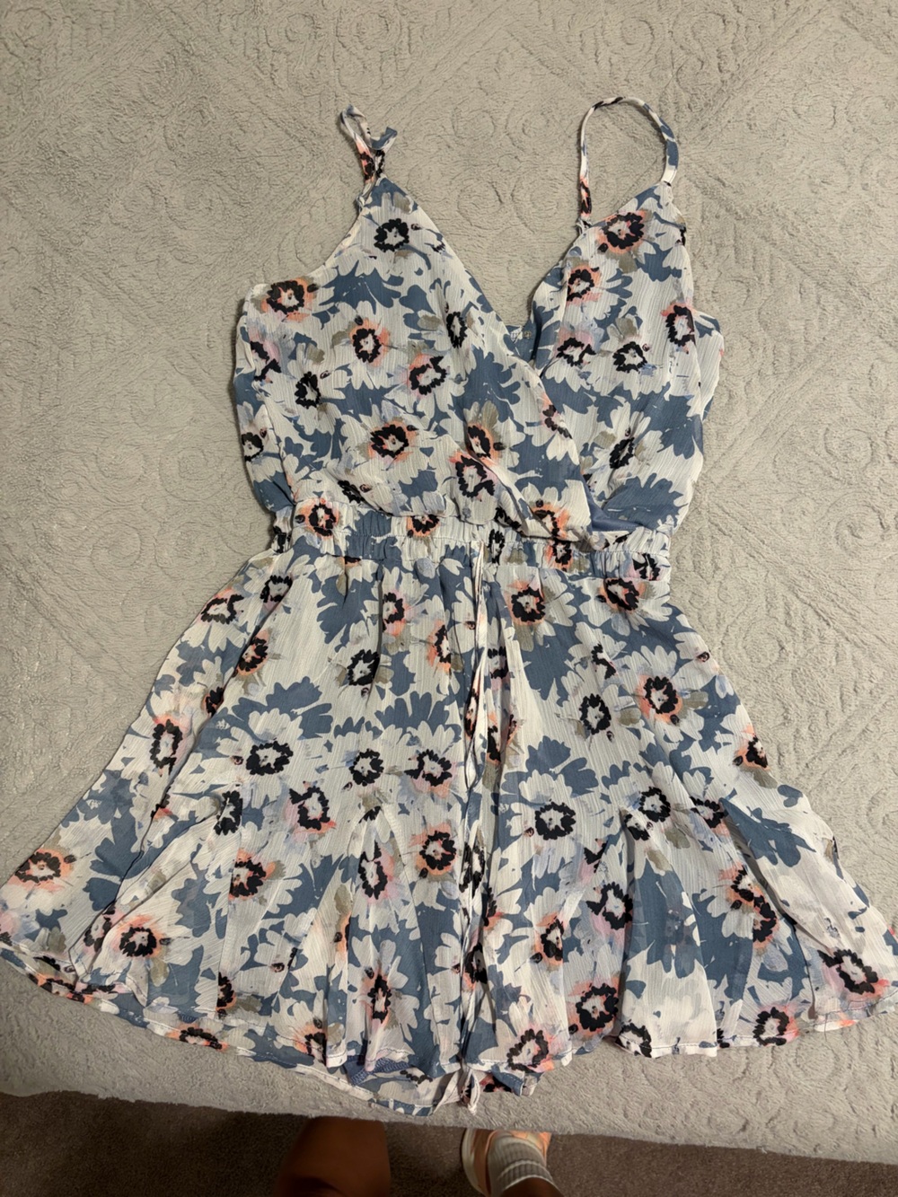 Francesca's Collections Blue Floral Wrap Romper with Pink Accents